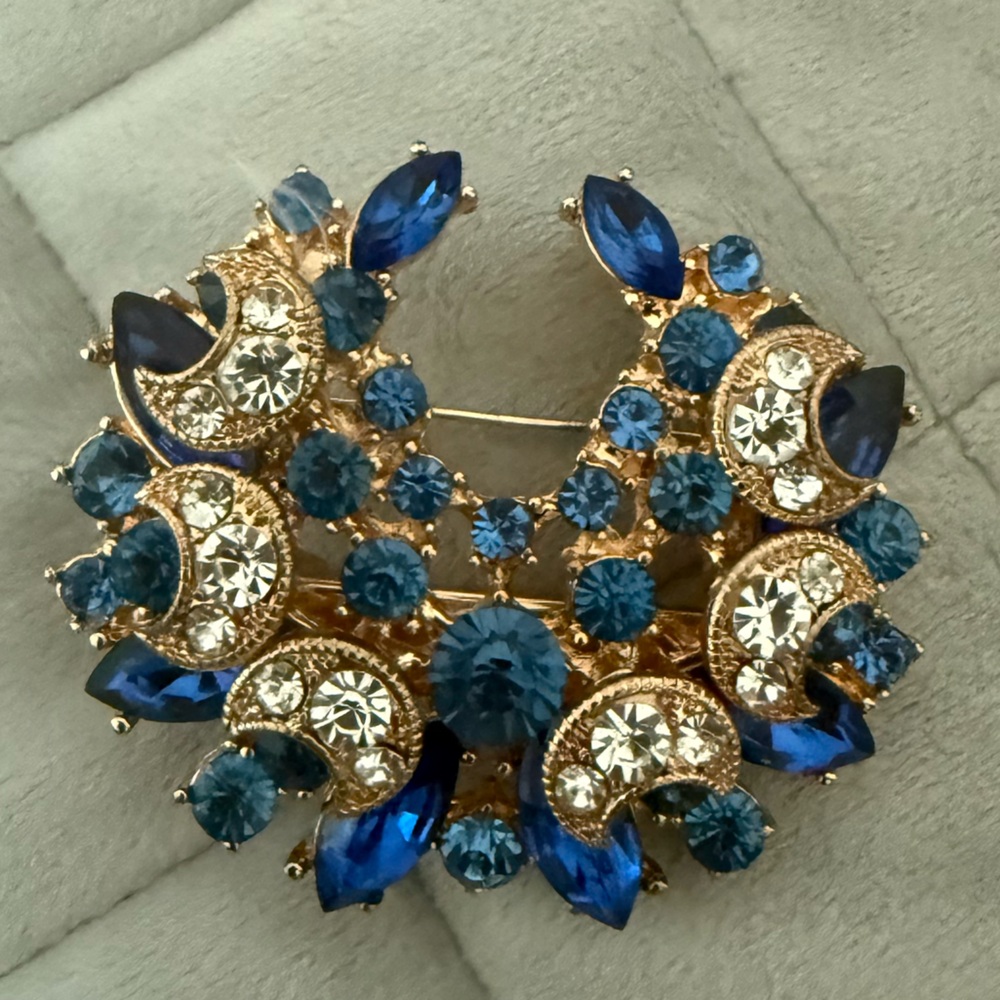 Gold-Tone Blue Crystal Floral Brooch and/or Hairpin - Women Jewelry